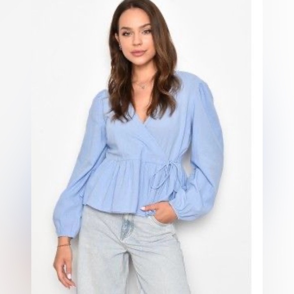 Rachel Zoe Blue 100% Linen Wrap Tie Waist Blouse Size Small - Picture 1 of 6